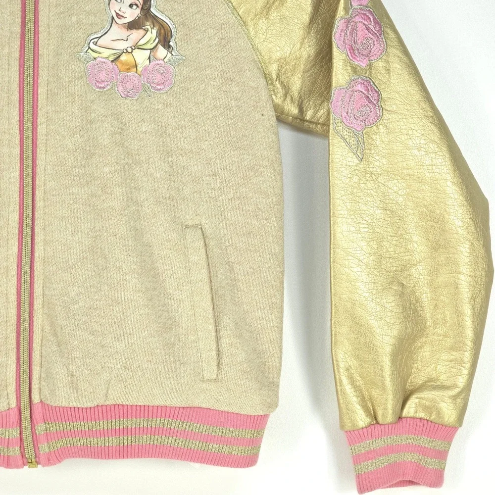 Disney Belle Gold Sleeve Bomber Jacket Girls 7/8 Floral Embroidery Princess Cute